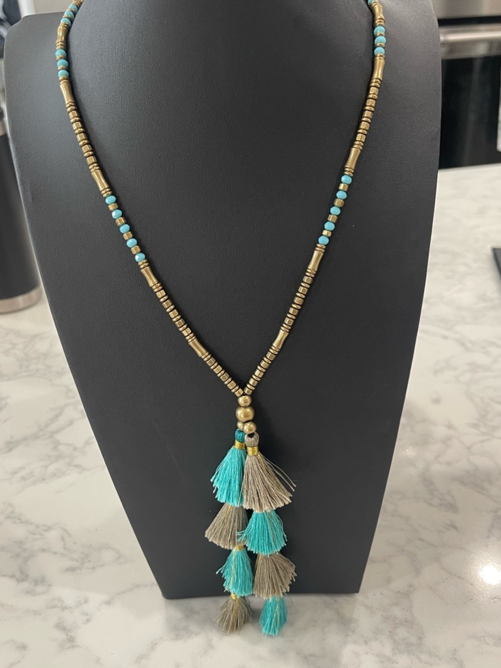 Boho Tassel Pendant Necklace - Turquoise & Beige